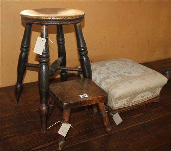 Mid-19C elm-topped stool, 19C mahogany footstool & a Bodgers elm four-legged stool (3)
